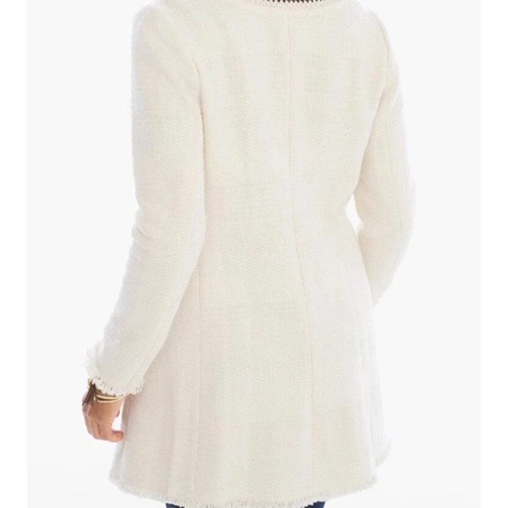 Chicos Fringe Tweed Cardigan Cream Open‎ Front Longline Sweater Size 1